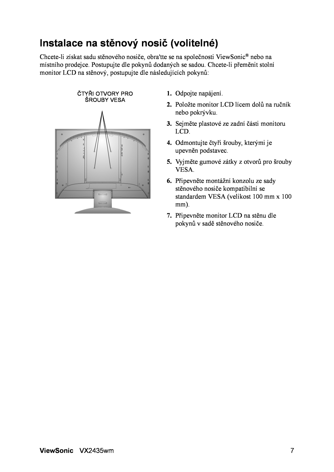 ViewSonic VS11449 manual Instalace na stěnový nosič volitelné, ViewSonic VX2435wm 