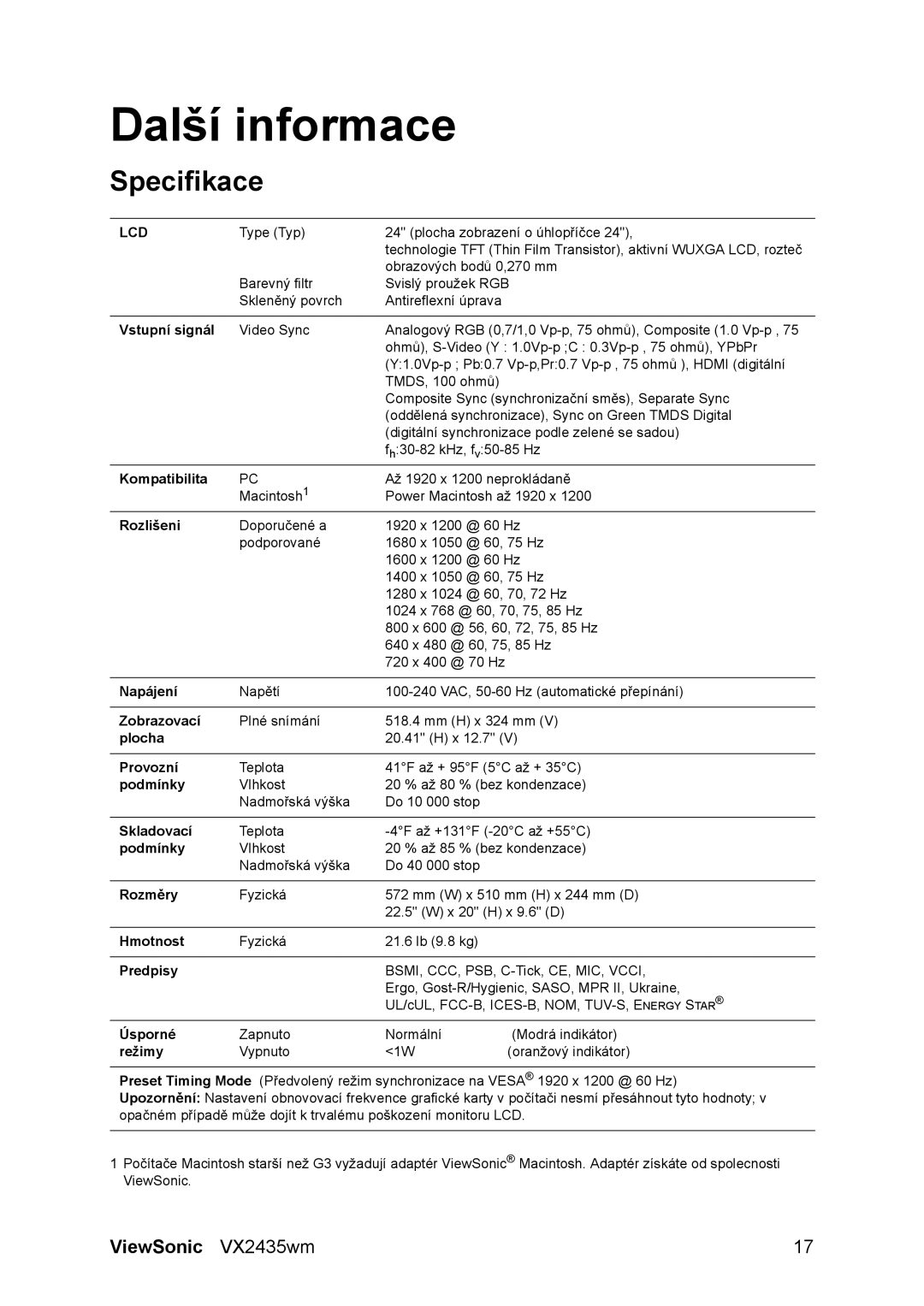 ViewSonic VS11449 manual Další informace, Specifikace 