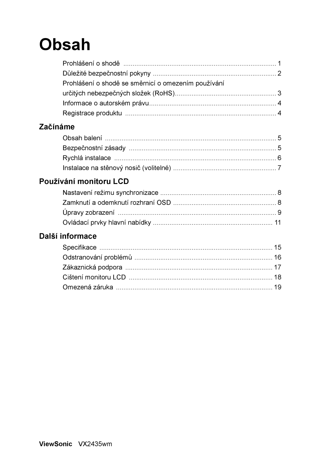 ViewSonic VS11449 manual Obsah, ViewSonic VX2435wm 