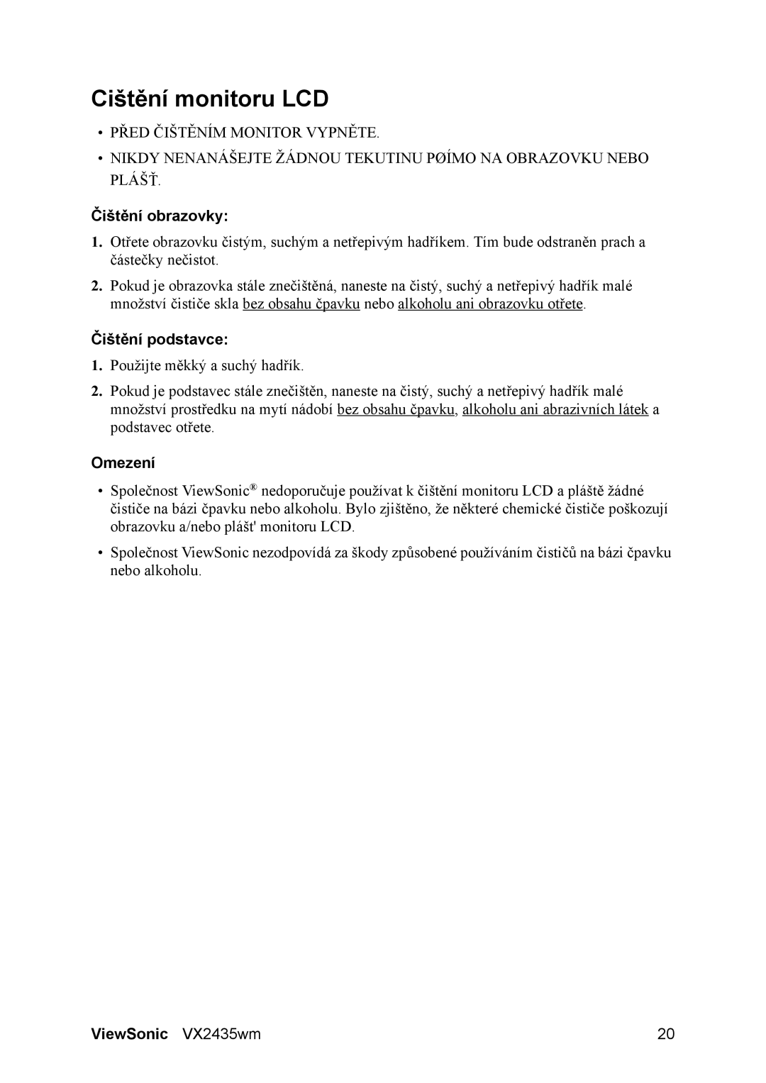 ViewSonic VS11449 manual Cištění monitoru LCD, Čištění obrazovky, Čištění podstavce, Omezení 