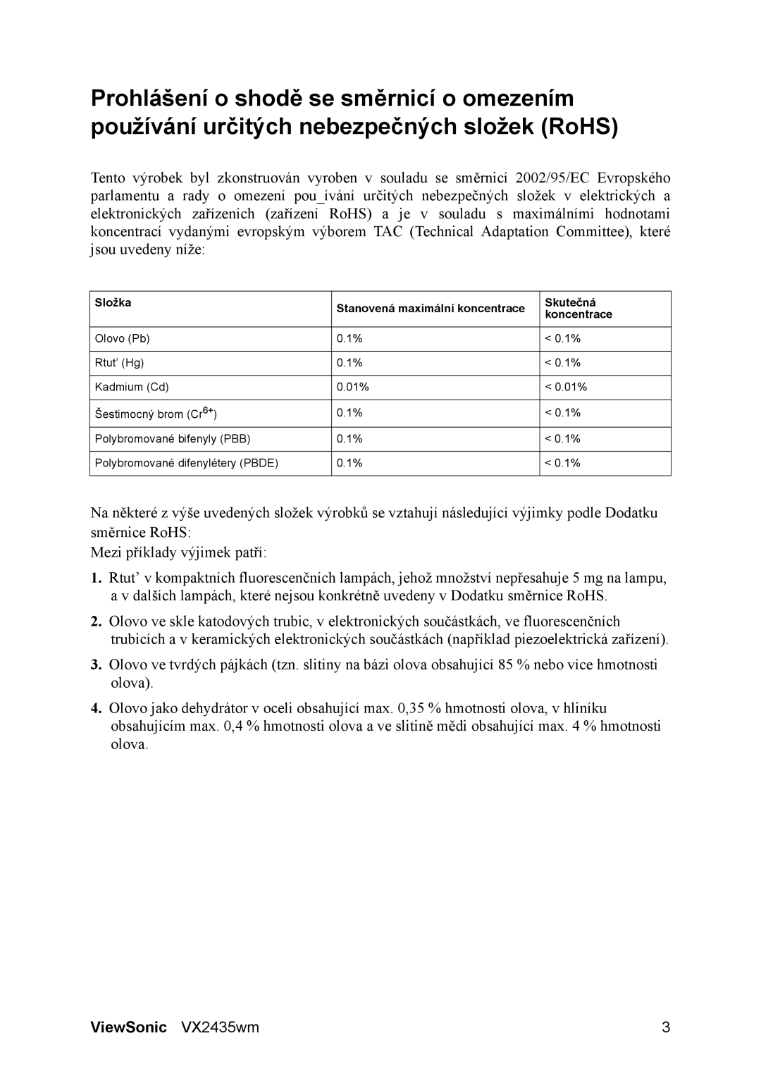 ViewSonic VS11449 manual Složka Stanovená maximální koncentrace Skutečná Koncentrace 