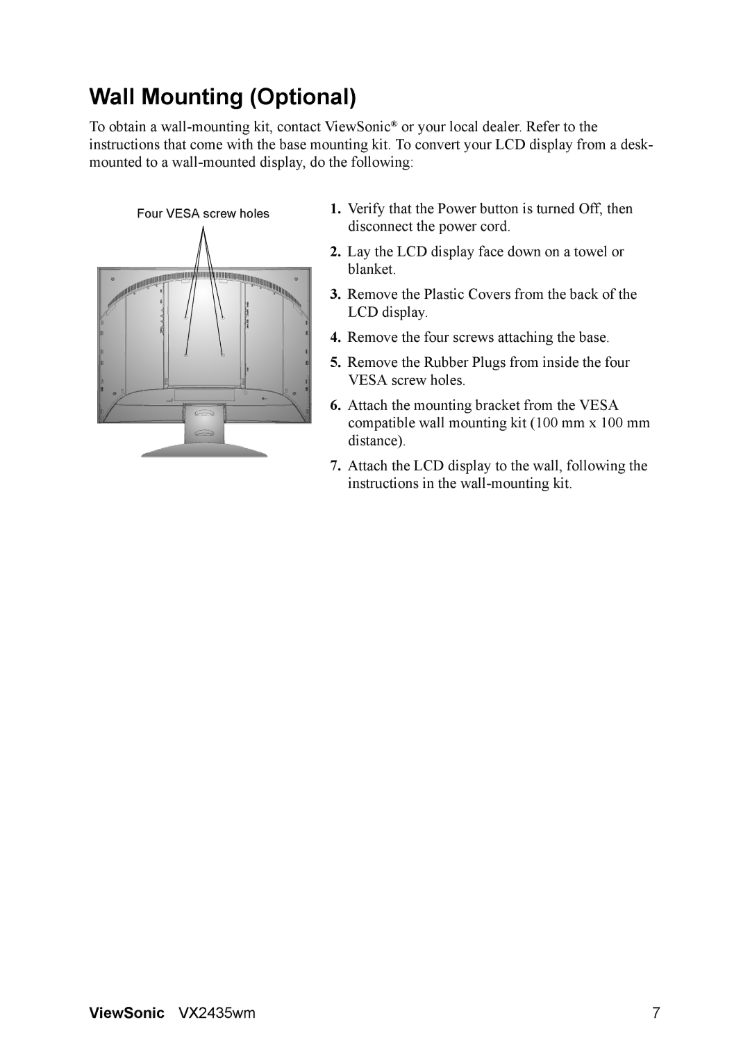 ViewSonic VS11449 manual Wall Mounting Optional 