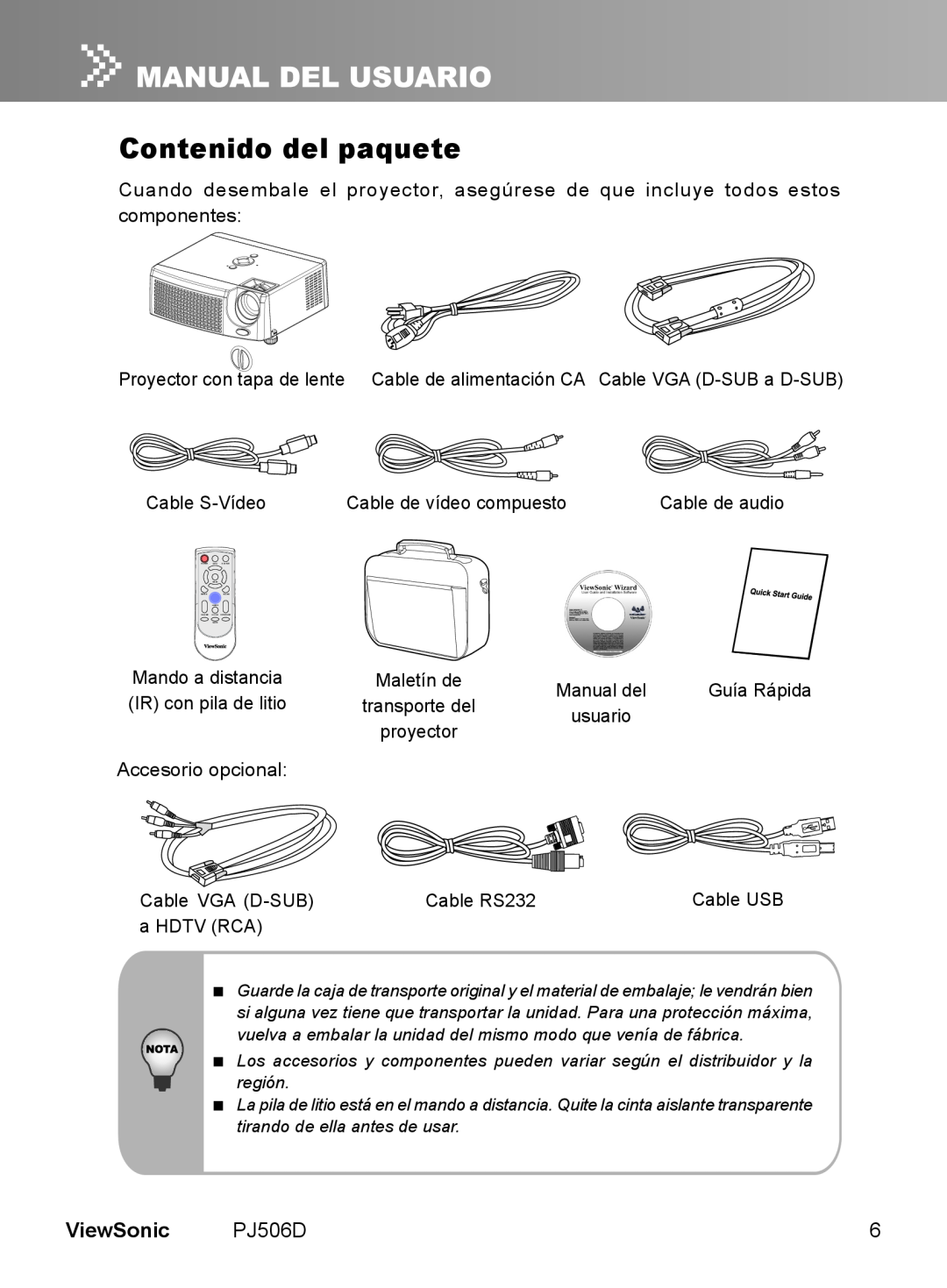 ViewSonic VS11452 manual Contenido del paquete, ViewSonic, transporte del, usuario, proyector 