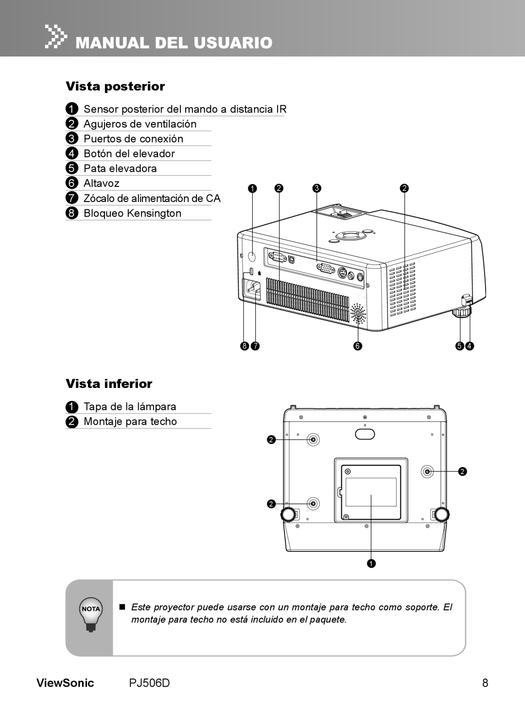 ViewSonic VS11452 manual Vista posterior, Vista inferior, ViewSonic PJ506D, Altavoz, Zócalo de alimentación de CA 