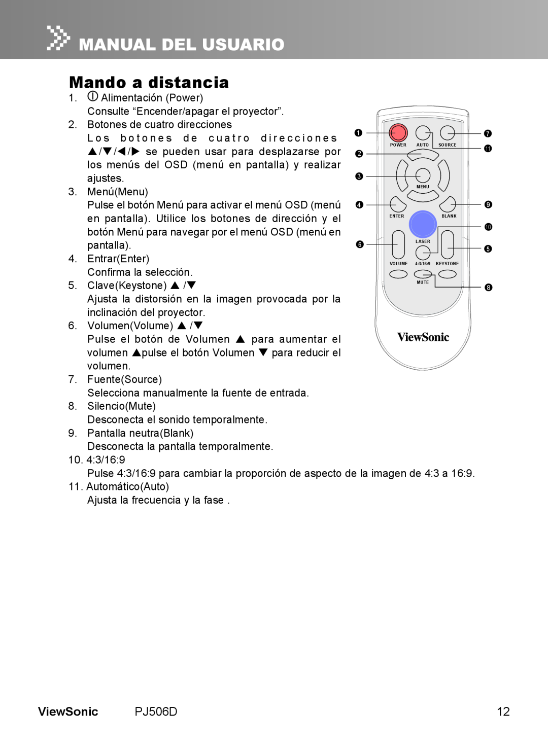 ViewSonic VS11452 manual Mando a distancia, ViewSonic 