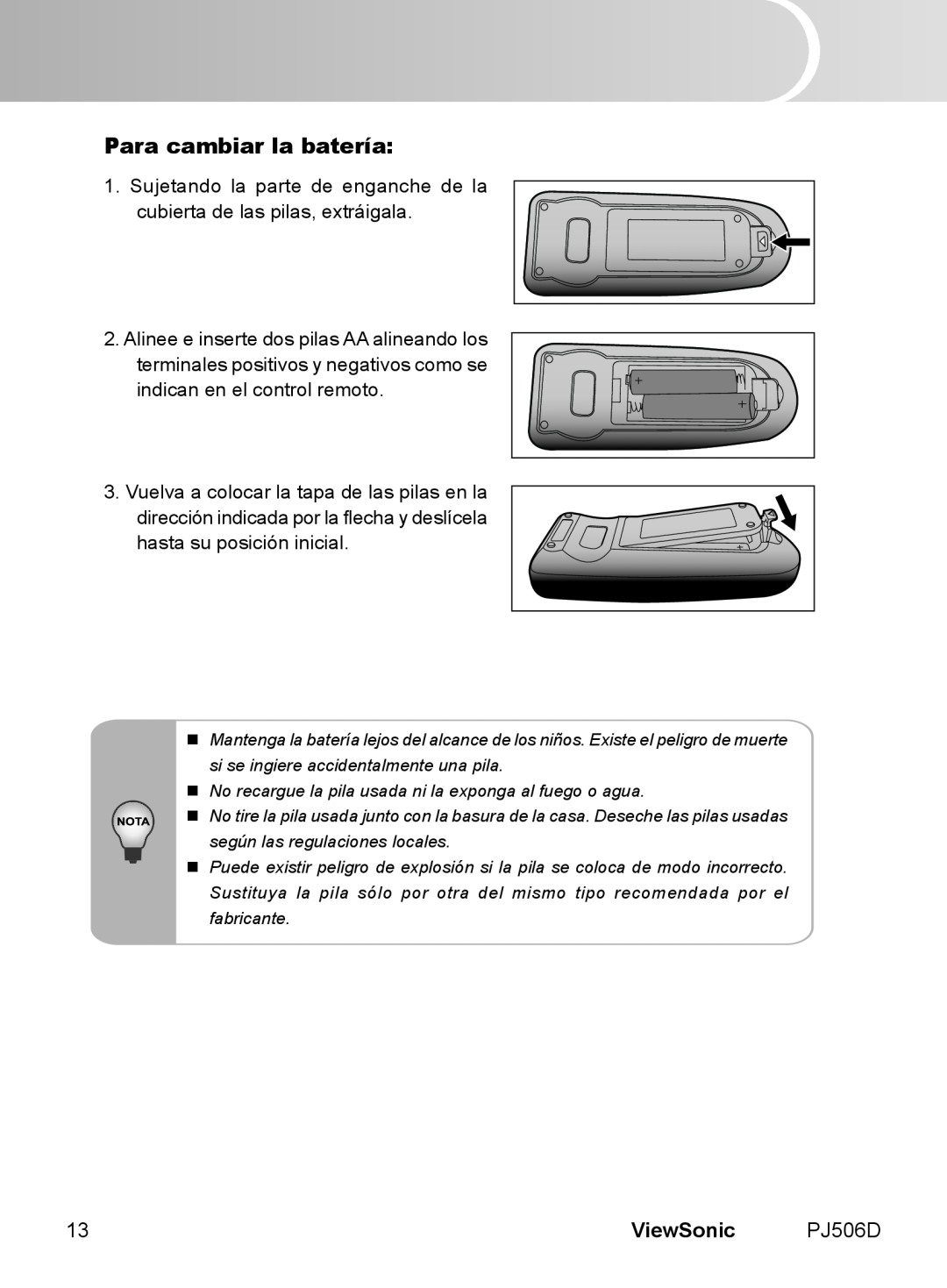 ViewSonic VS11452 manual Para cambiar la batería, ViewSonic 