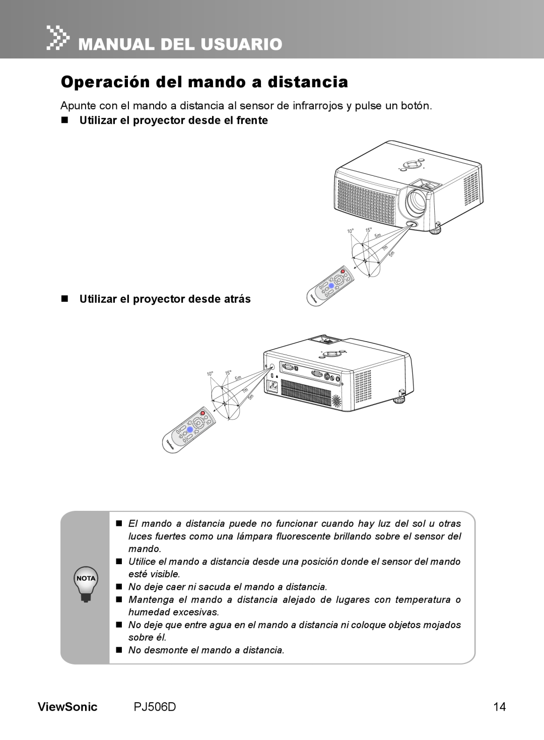 ViewSonic VS11452 manual Operación del mando a distancia, ViewSonic,  Utilizar el proyector desde el frente 