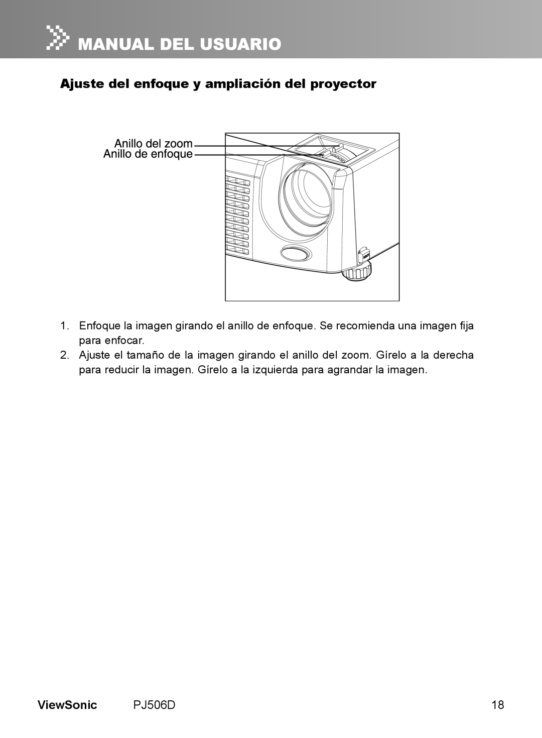 ViewSonic VS11452 manual Ajuste del enfoque y ampliación del proyector, ViewSonic 