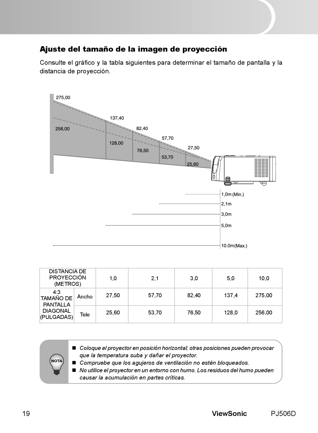 ViewSonic VS11452 manual Ajuste del tamaño de la imagen de proyección, ViewSonic 