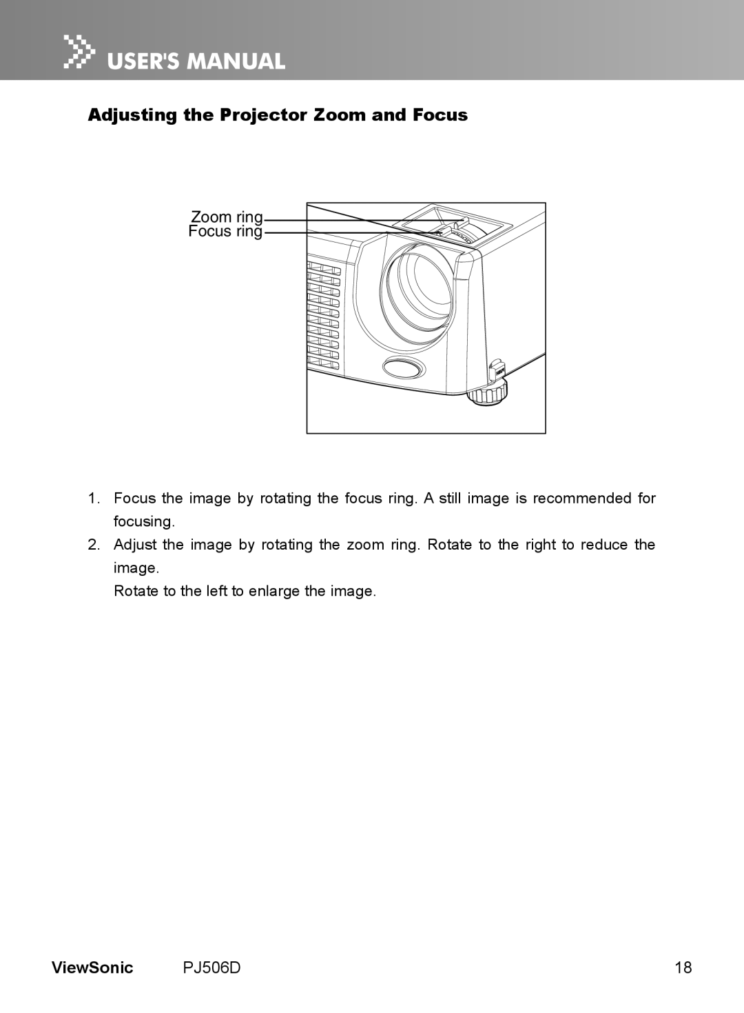 ViewSonic VS11452 manual Adjusting the Projector Zoom and Focus, Zoom ring Focus ring, ViewSonic, PJ506D 