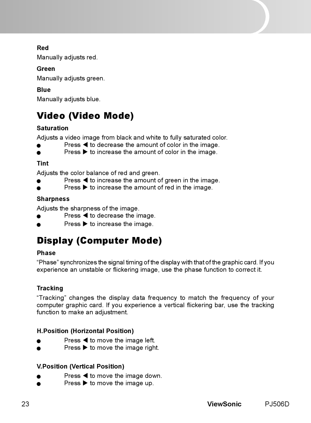 ViewSonic VS11452 manual Video Video Mode, Display Computer Mode, ViewSonic 