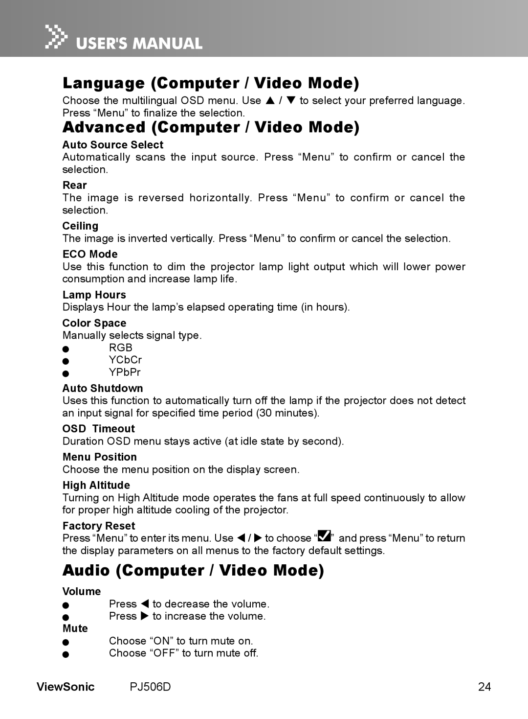 ViewSonic VS11452 Language Computer / Video Mode, Advanced Computer / Video Mode, Audio Computer / Video Mode, ViewSonic 