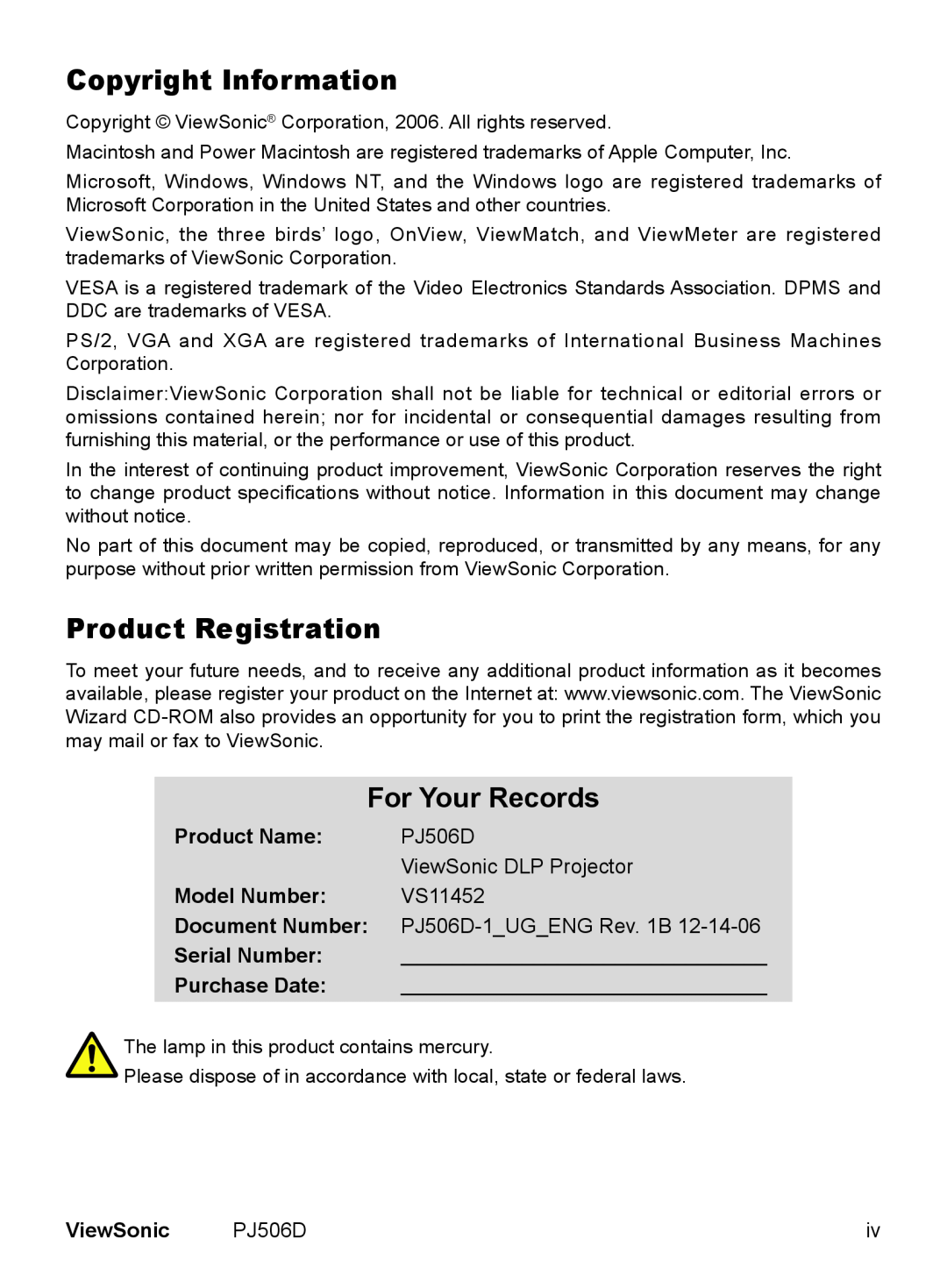 ViewSonic VS11452 Copyright Information, Product Registration, For Your Records, Product Name, Model Number, Serial Number 