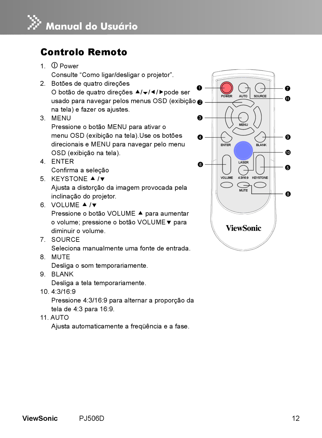 ViewSonic VS11452 manual Controlo Remoto, Menu 