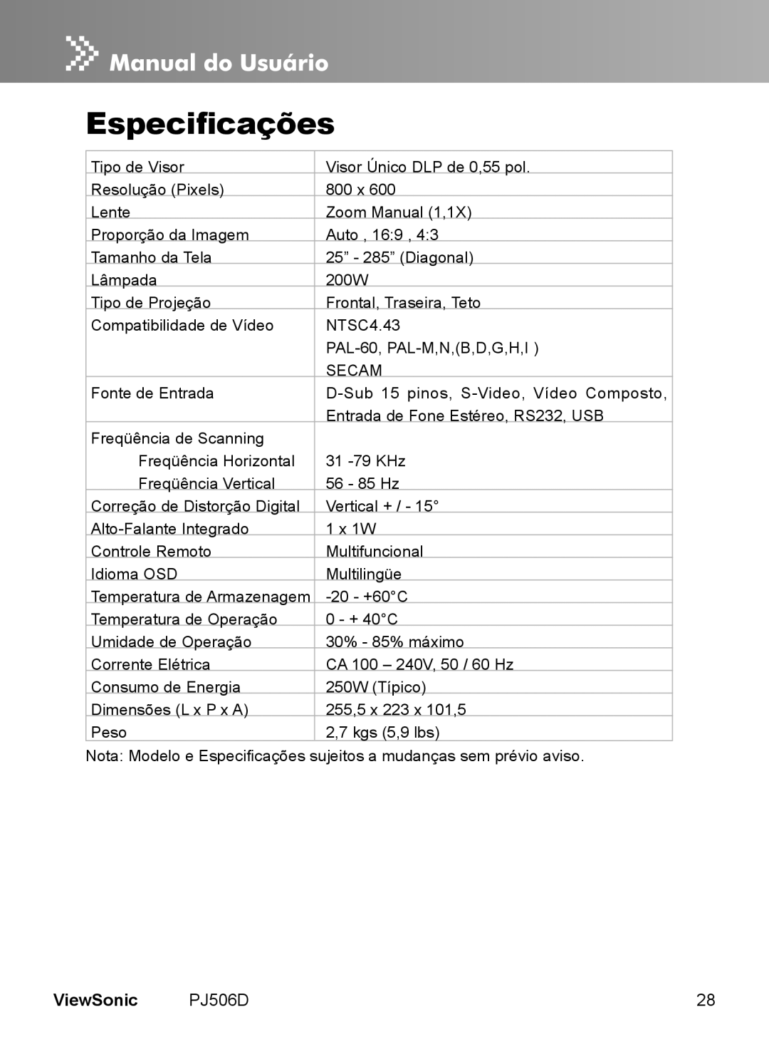 ViewSonic VS11452 manual Especificações, Secam 