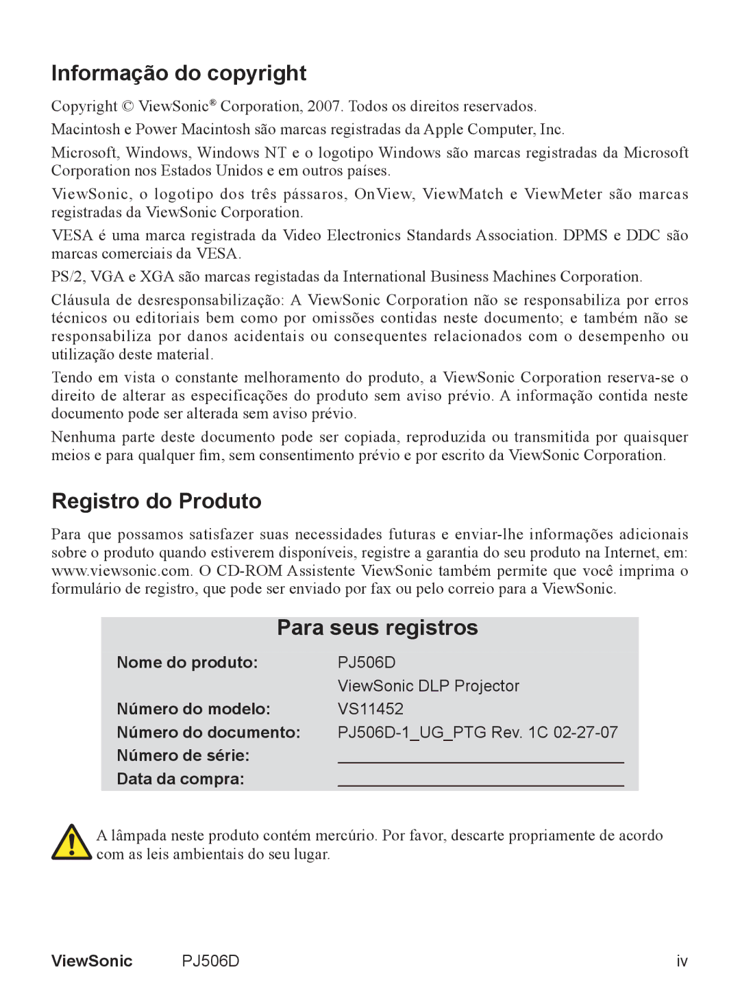 ViewSonic VS11452 manual Informação do copyright, Registro do Produto Para seus registros 