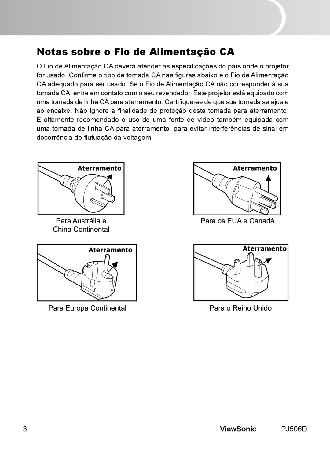 ViewSonic VS11452 manual Notas sobre o Fio de Alimentação CA 