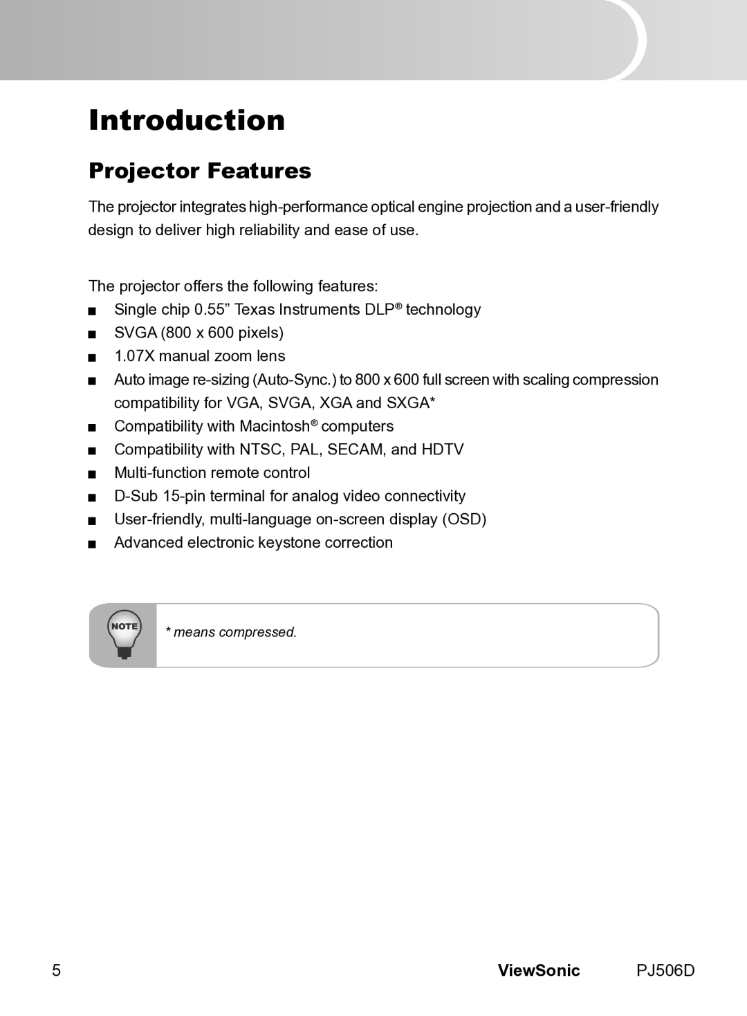 ViewSonic VS11452 manual Introduction, Projector Features 