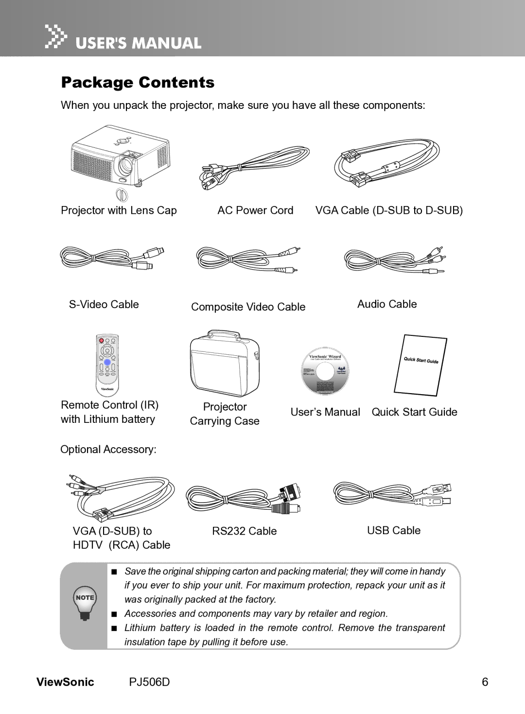 ViewSonic VS11452 manual Package Contents 