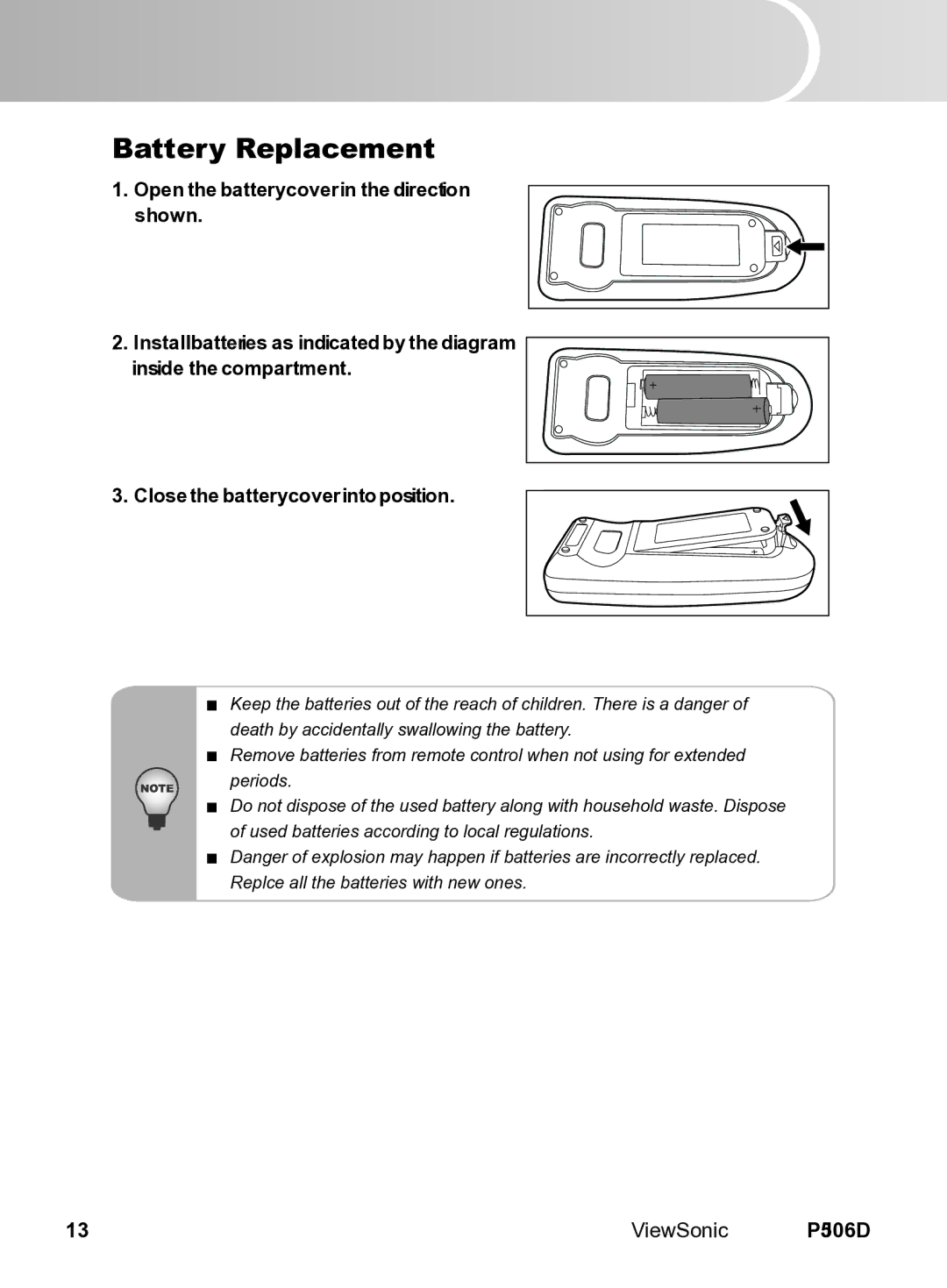 ViewSonic VS11452 manual Battery Replacement 