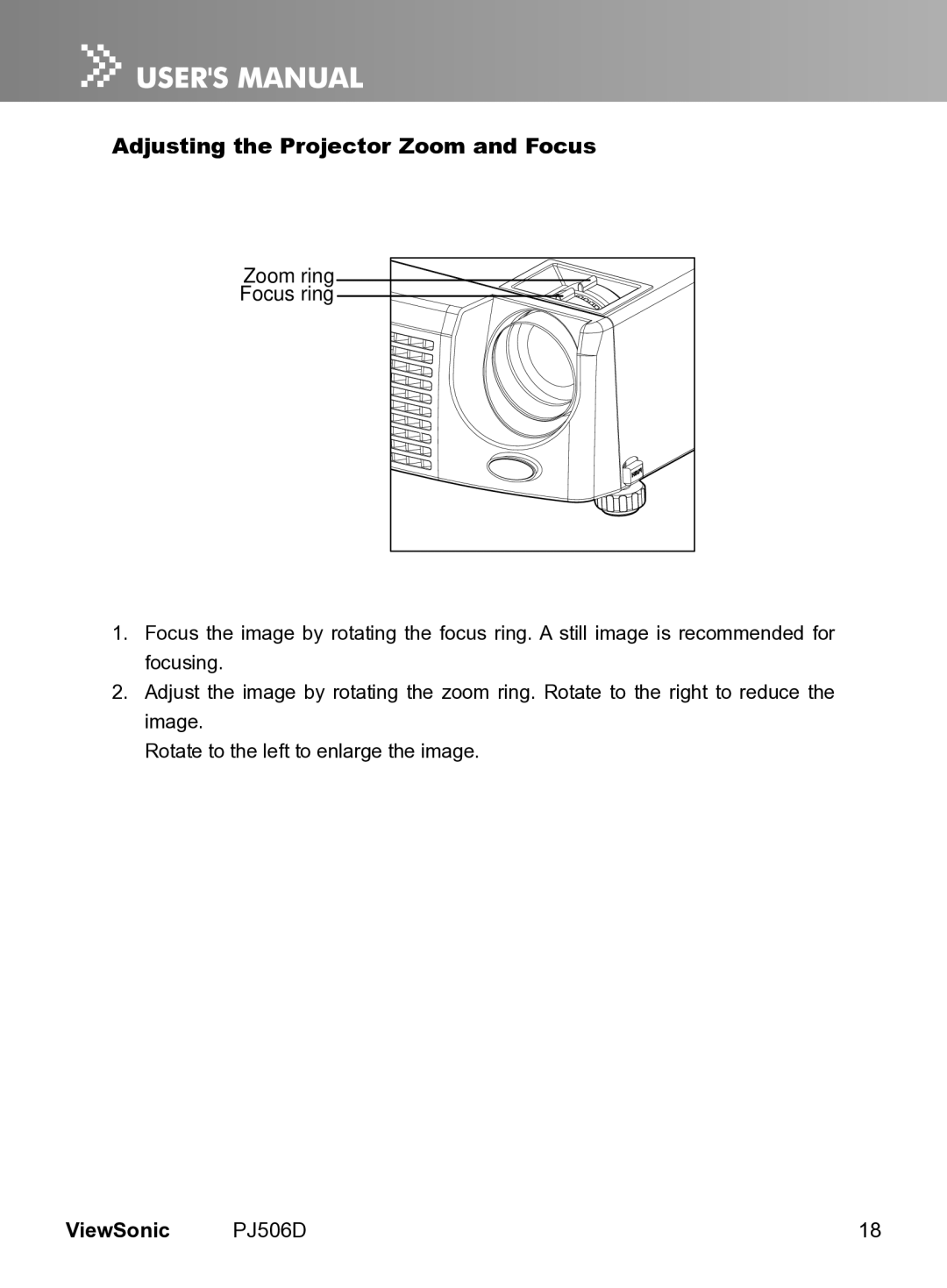 ViewSonic VS11452 manual Adjusting the Projector Zoom and Focus, Zoom ring Focus ring 