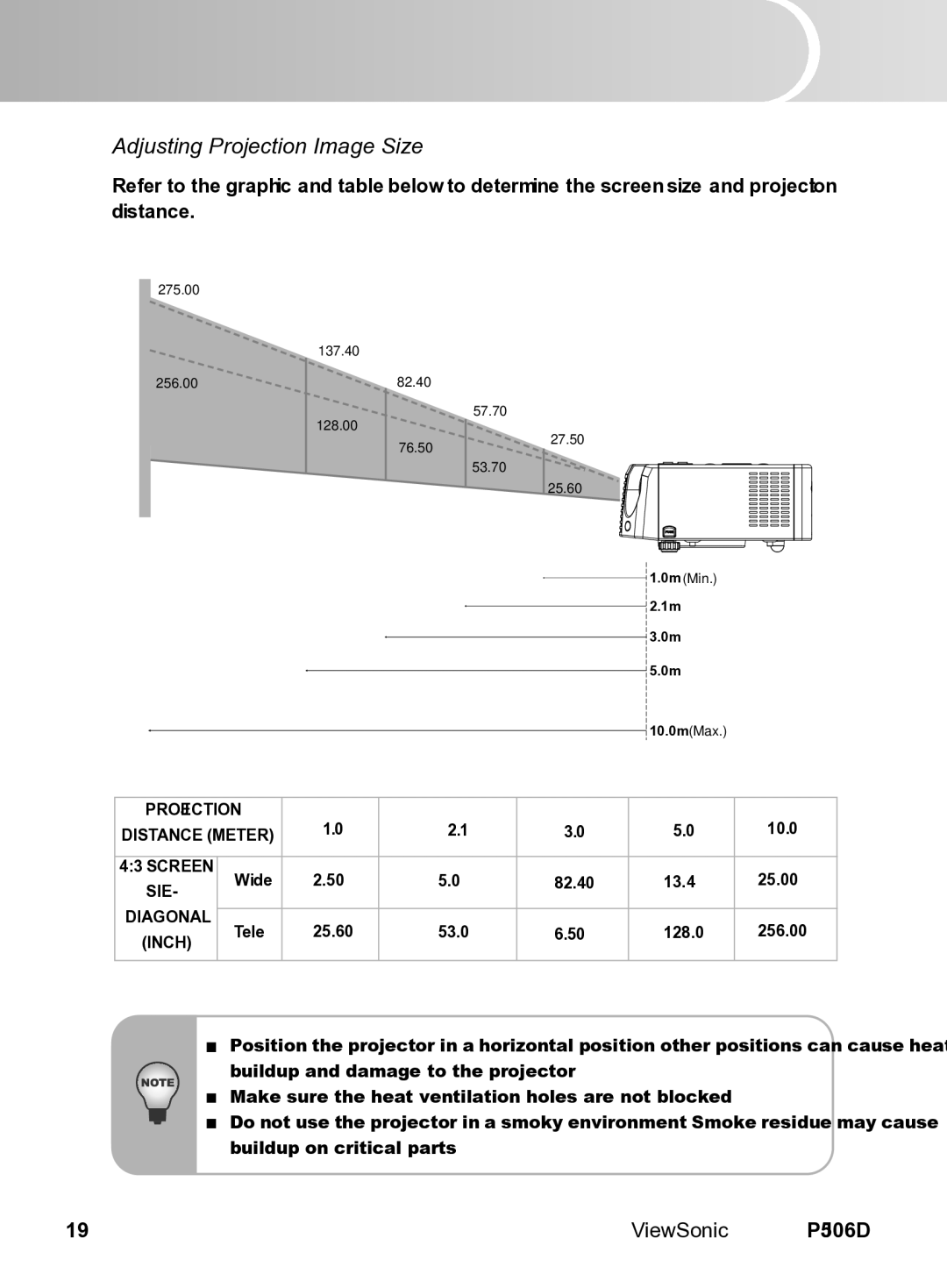 ViewSonic VS11452 manual Adjusting Projection Image Size 