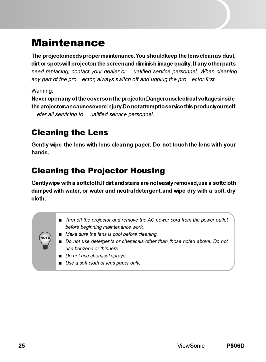 ViewSonic VS11452 manual Maintenance, Cleaning the Lens, Cleaning the Projector Housing 