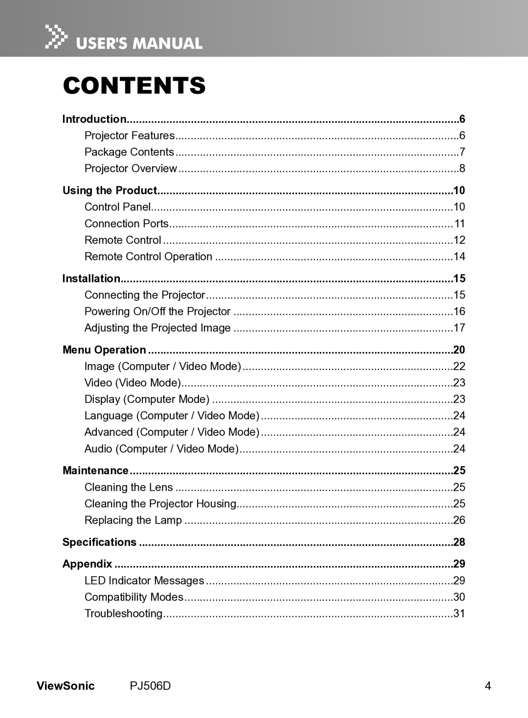 ViewSonic VS11452 manual Contents 