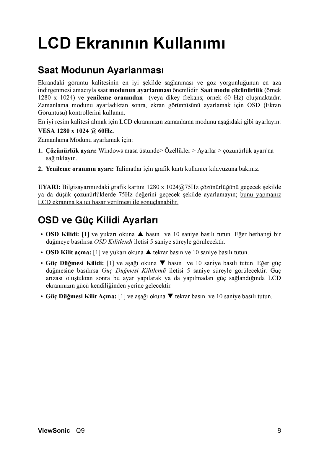 ViewSonic VS11455 manual LCD Ekranının Kullanımı, Saat Modunun Ayarlanması, OSD ve Güç Kilidi Ayarları 