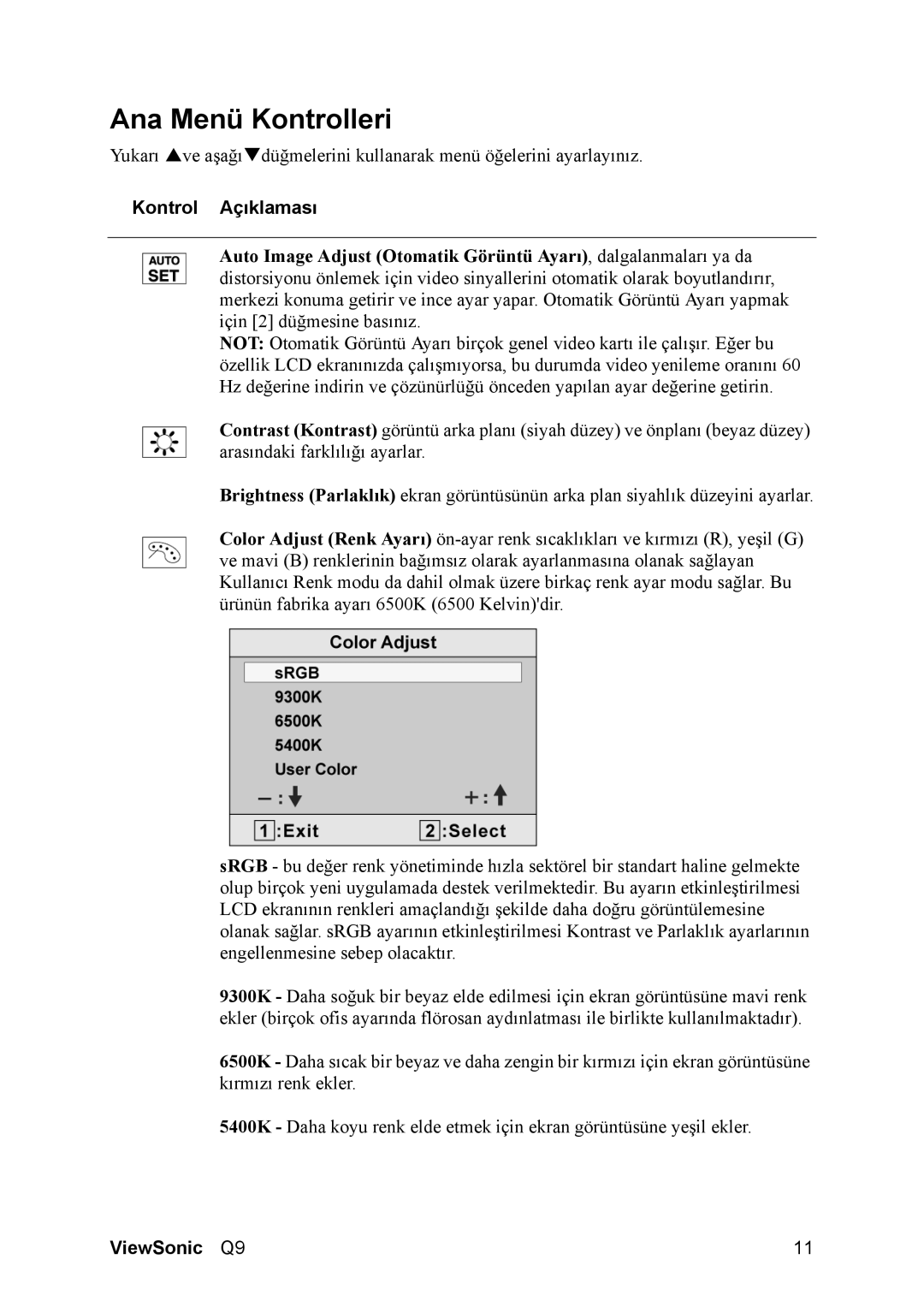 ViewSonic VS11455 manual Ana Menü Kontrolleri, Kontrol Açıklaması 
