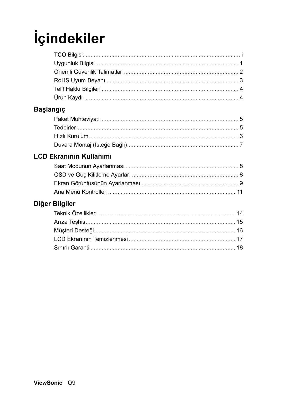 ViewSonic VS11455 manual İçindekiler, ViewSonic Q9 