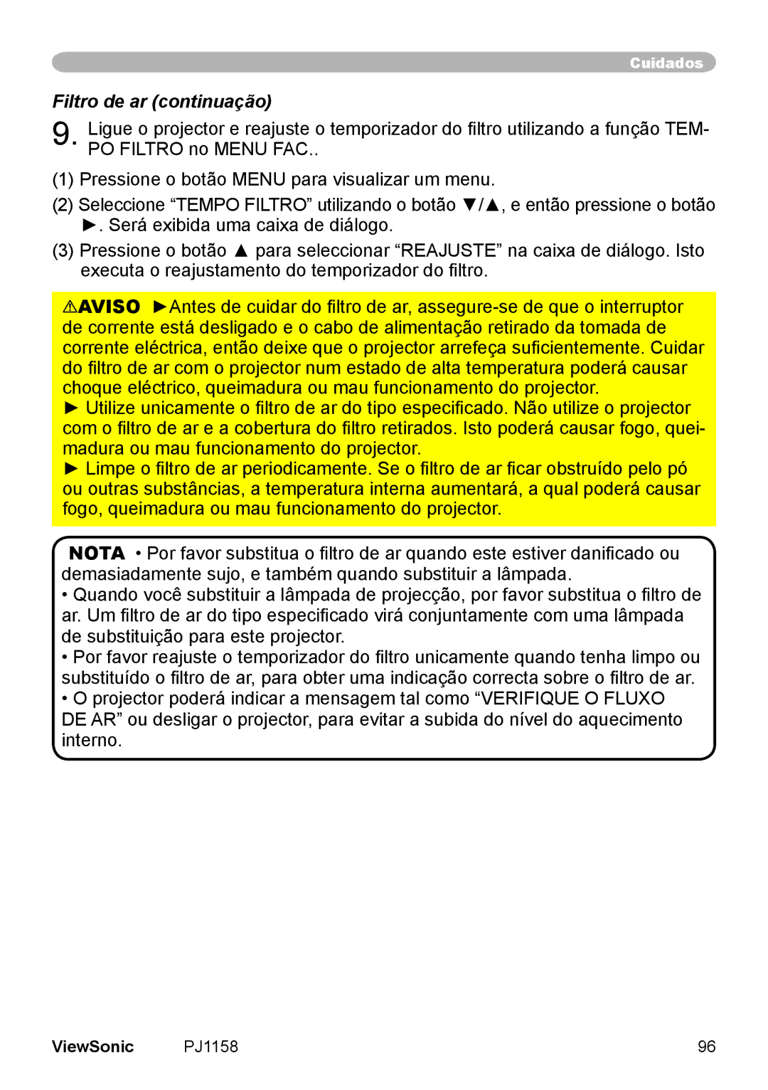 ViewSonic VS11459 manual Filtro de ar continuação 