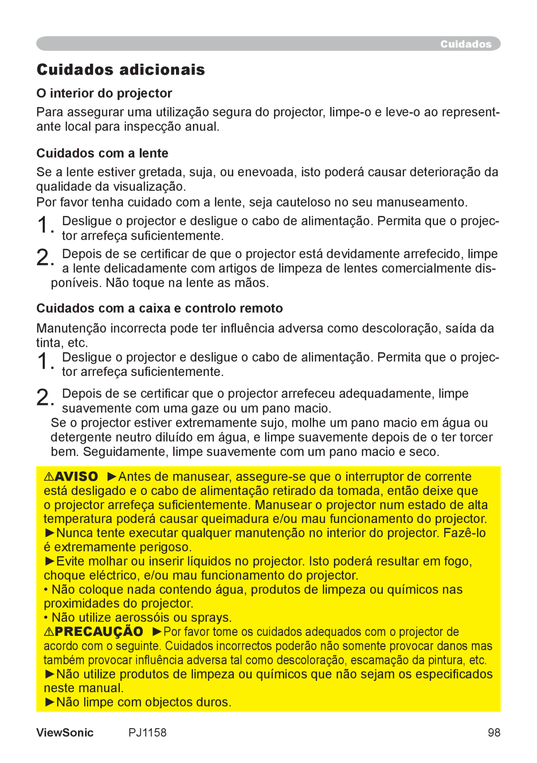 ViewSonic VS11459 Cuidados adicionais, Interior do projector, Cuidados com a lente, Cuidados com a caixa e controlo remoto 