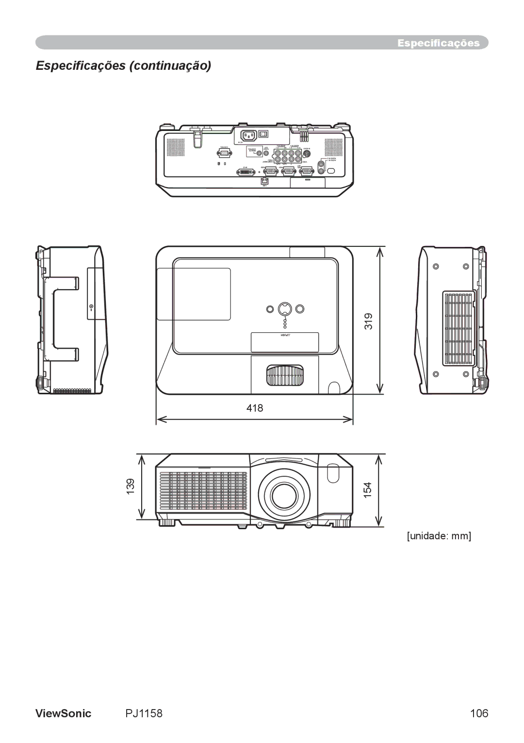 ViewSonic VS11459 manual Especificações continuação, PJ1158 106 