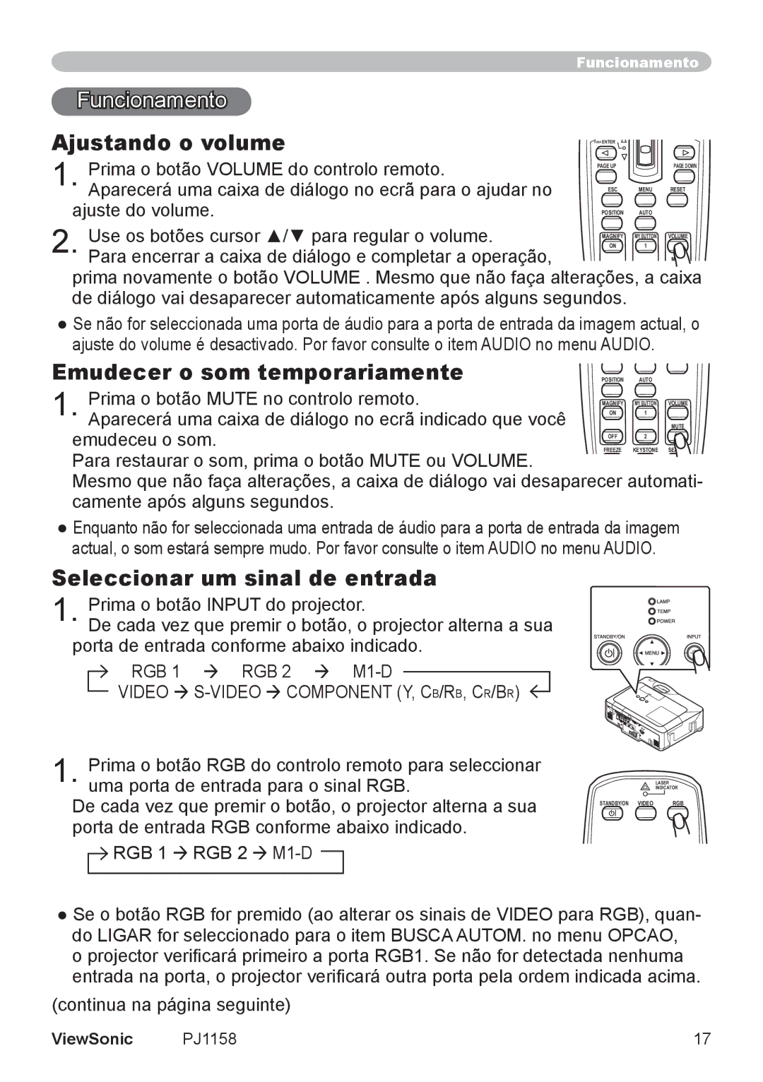 ViewSonic VS11459 manual Funcionamento, Ajustando o volume, Emudecer o som temporariamente, Seleccionar um sinal de entrada 