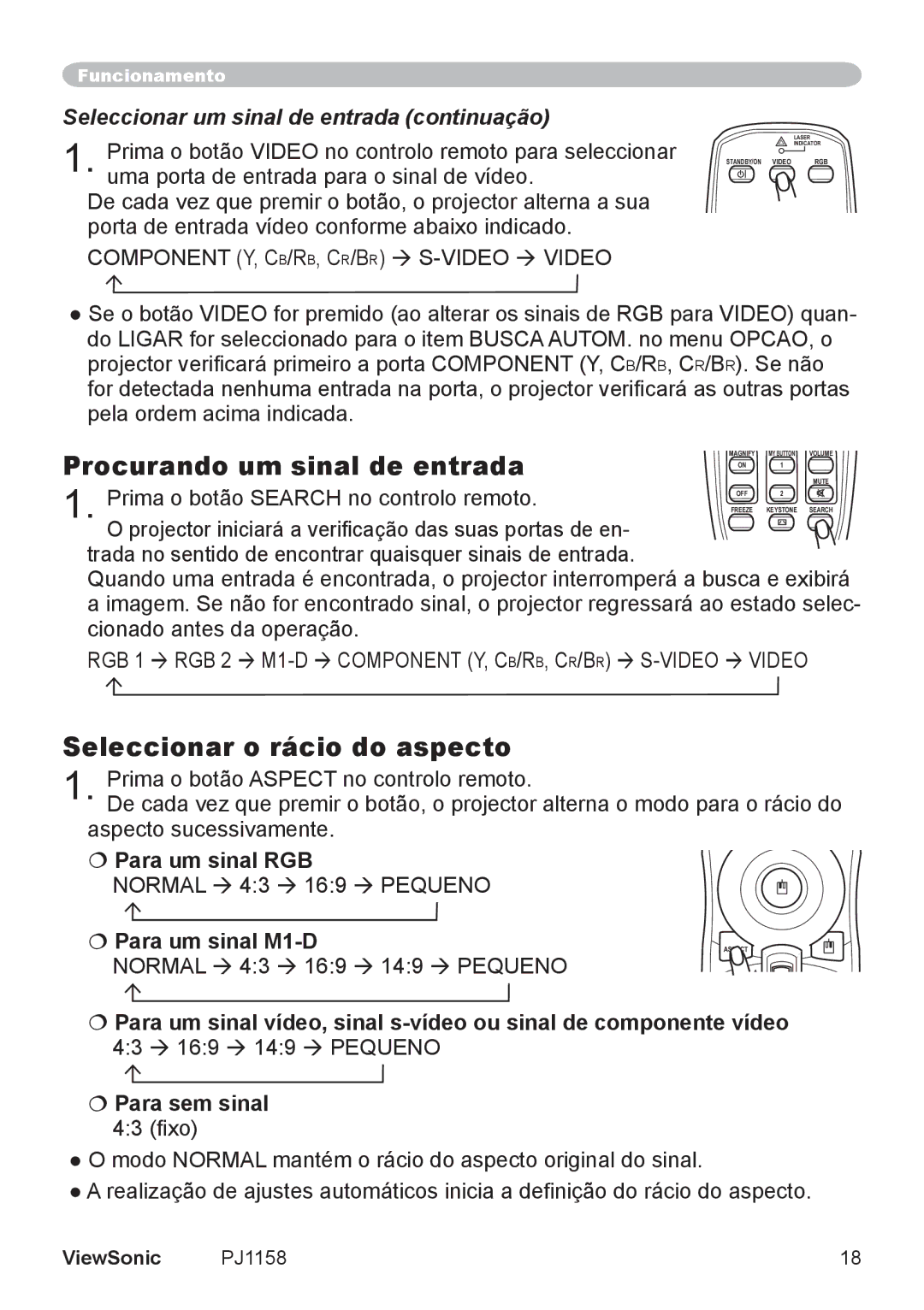 ViewSonic VS11459 manual Procurando um sinal de entrada, Seleccionar o rácio do aspecto 