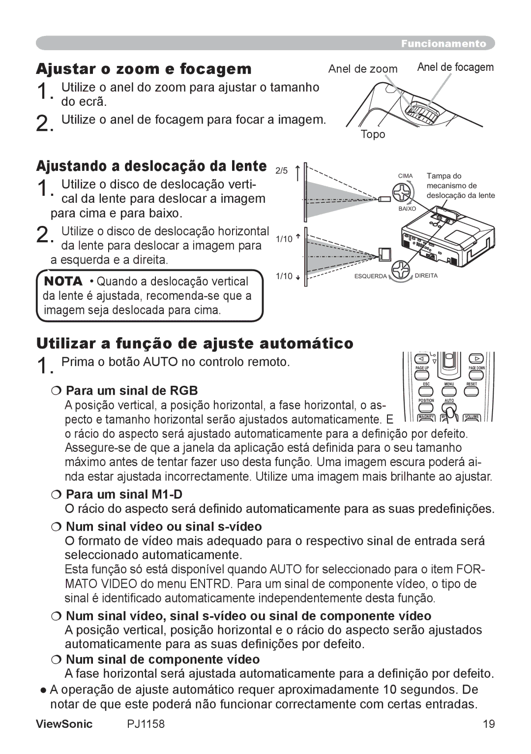 ViewSonic VS11459 Ajustar o zoom e focagem, Utilizar a função de ajuste automático,  Num sinal vídeo ou sinal s-vídeo 