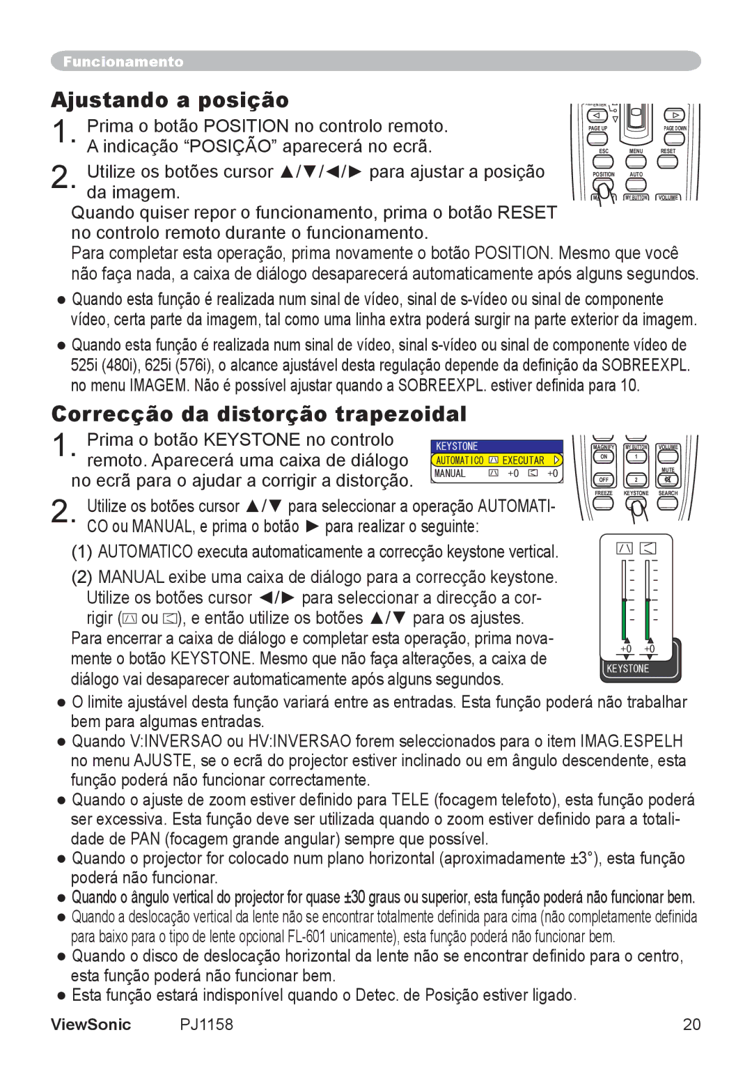 ViewSonic VS11459 manual Ajustando a posição, Correcção da distorção trapezoidal 