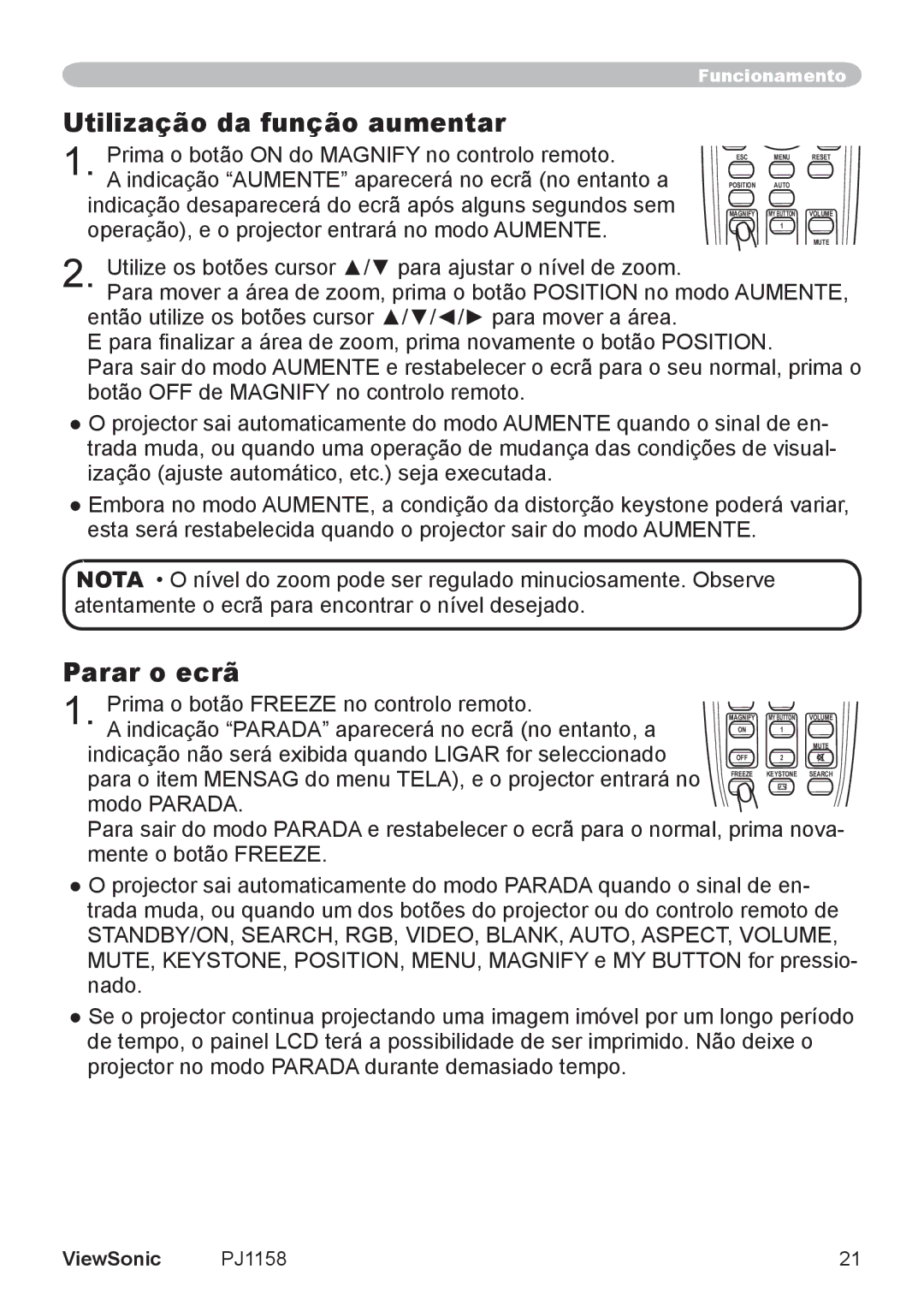 ViewSonic VS11459 manual Utilização da função aumentar, Parar o ecrã 