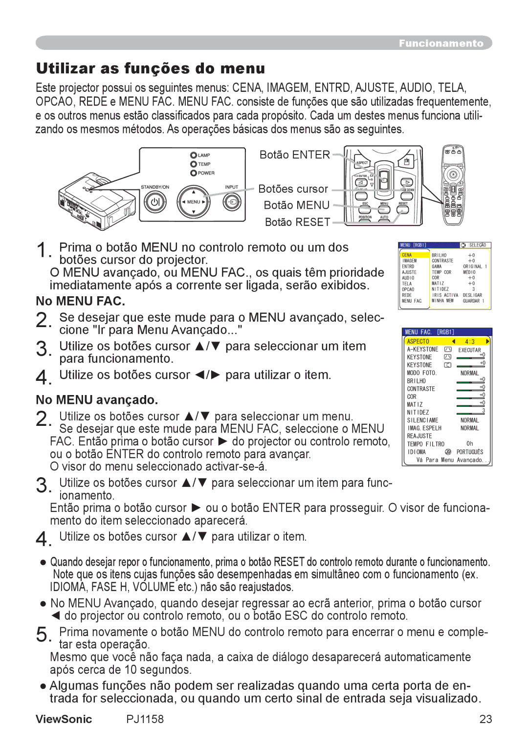 ViewSonic VS11459 manual Utilizar as funções do menu, No Menu FAC, No Menu avançado, Visor de funciona 