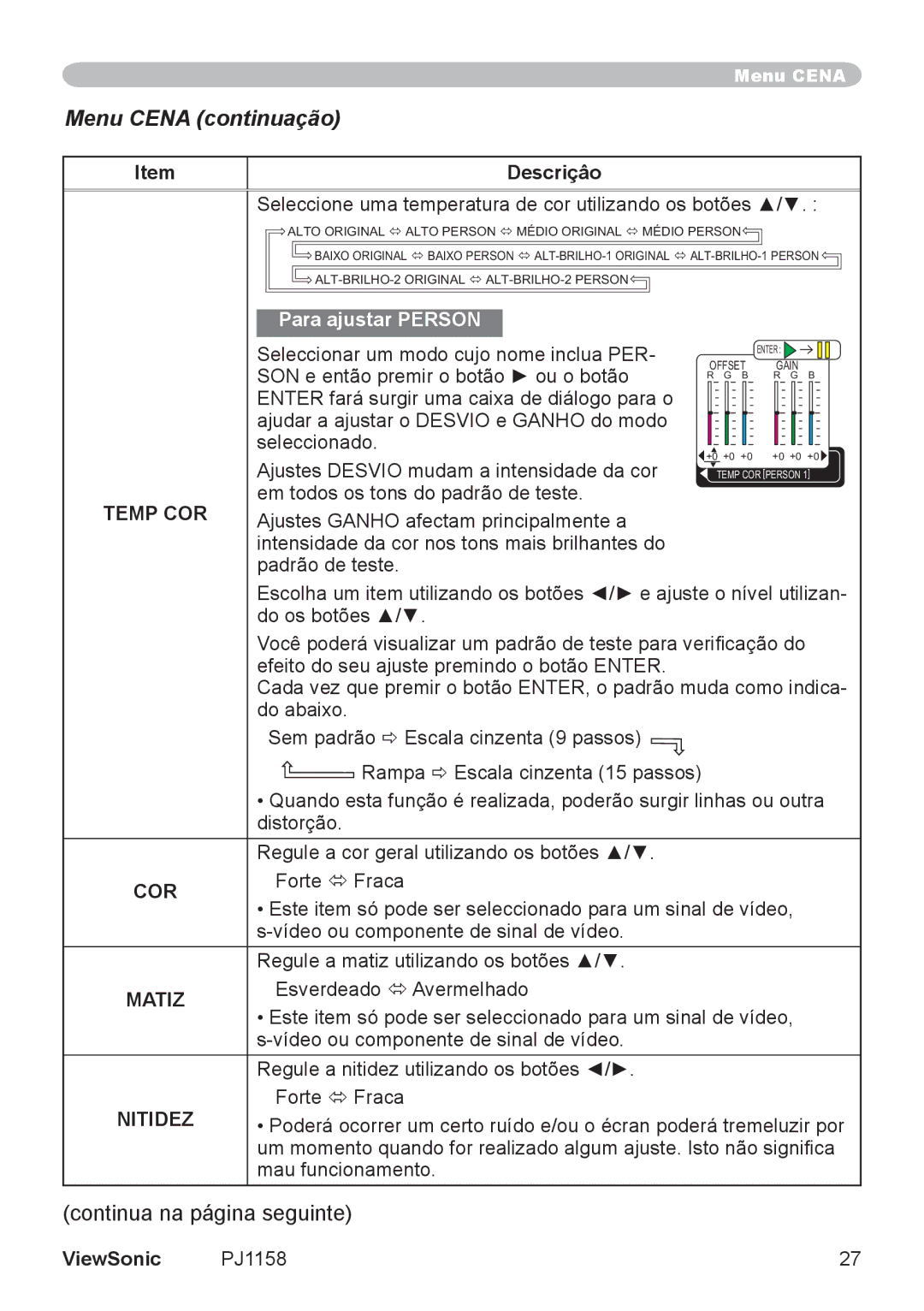 ViewSonic VS11459 manual Menu Cena continuação, Seleccione uma temperatura de cor utilizando os botões, Temp COR 