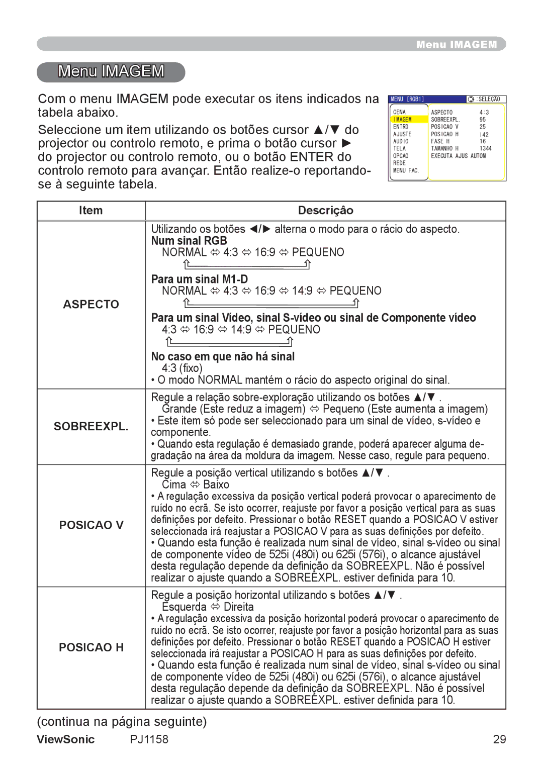 ViewSonic VS11459 manual Menu Imagem, Sobreexpl, Posicao H 