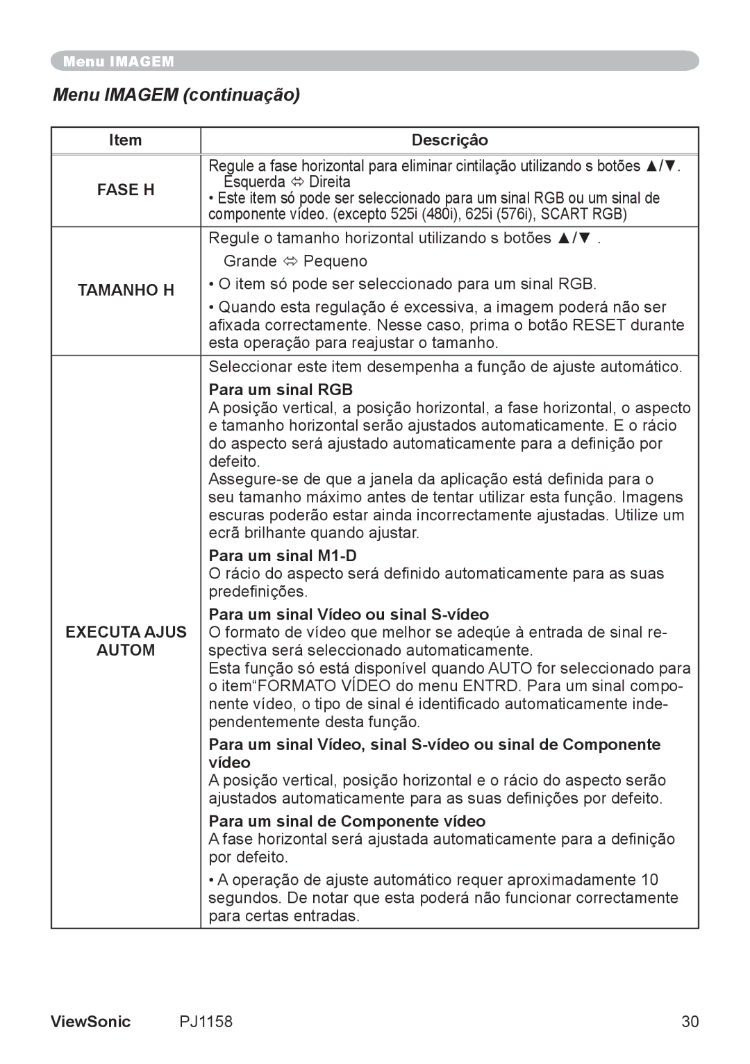 ViewSonic VS11459 manual Menu Imagem continuação, Fase H, Tamanho H, Executa Ajus, Autom 