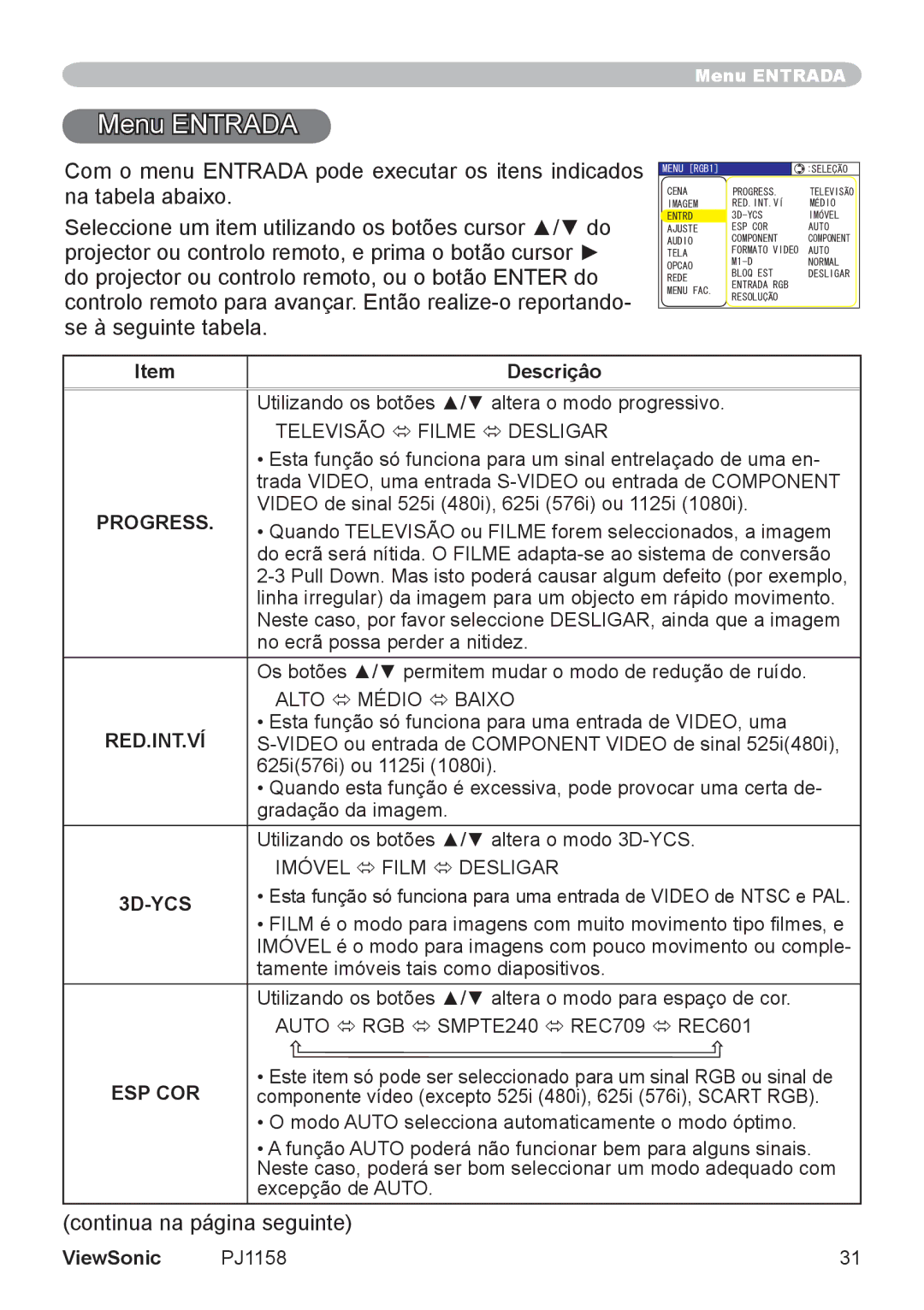 ViewSonic VS11459 manual Menu Entrada, Progress, Red.Int.Ví, 3D-YCS, Esp Cor 