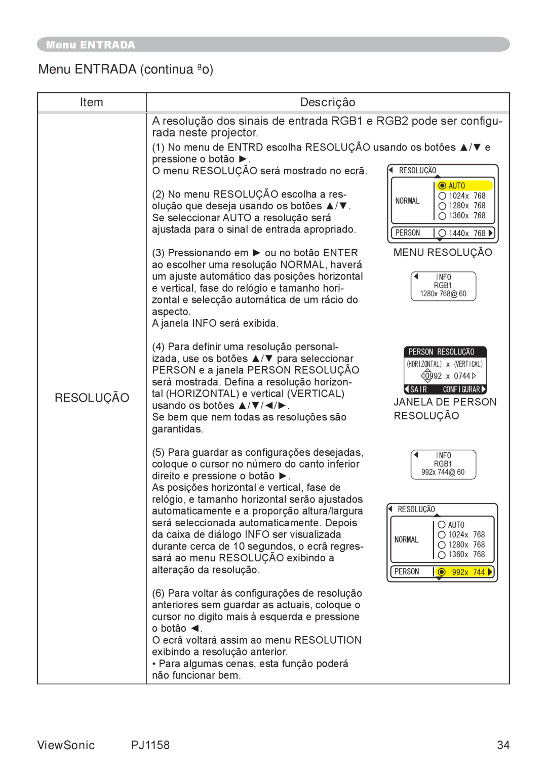 ViewSonic VS11459 manual Janela DE Person Resolução 