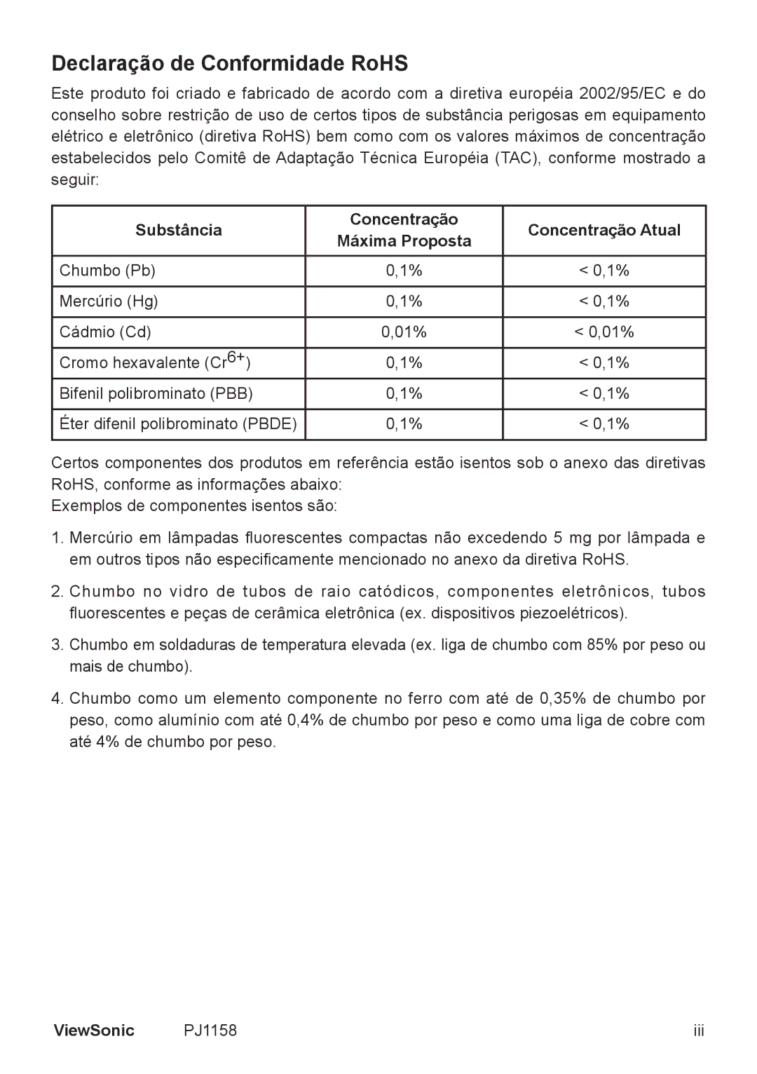 ViewSonic VS11459 manual Declaração de Conformidade RoHS, Substância Concentração Concentração Atual, 01% 