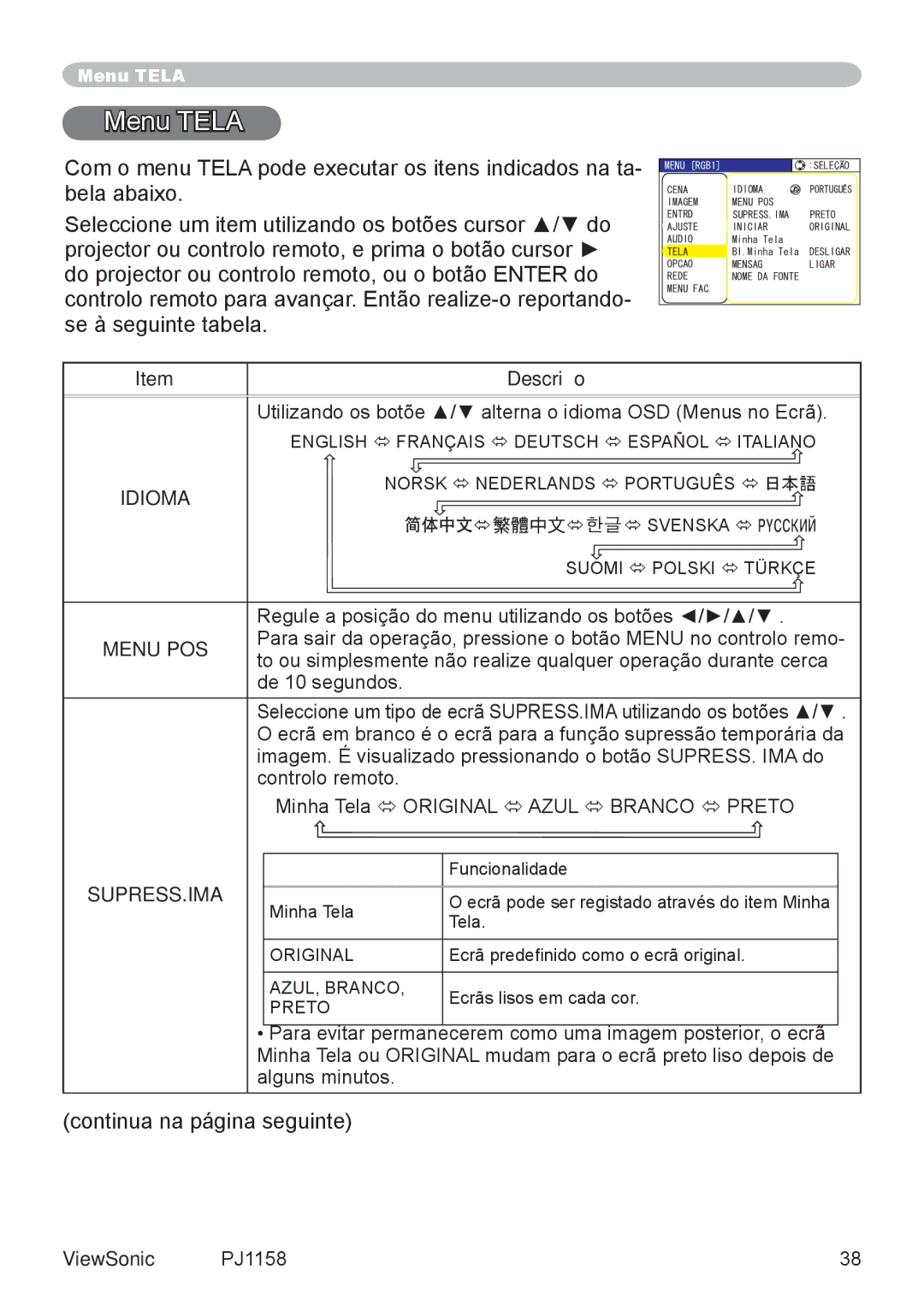 ViewSonic VS11459 manual Menu Tela, Menu POS, Supress.Ima 