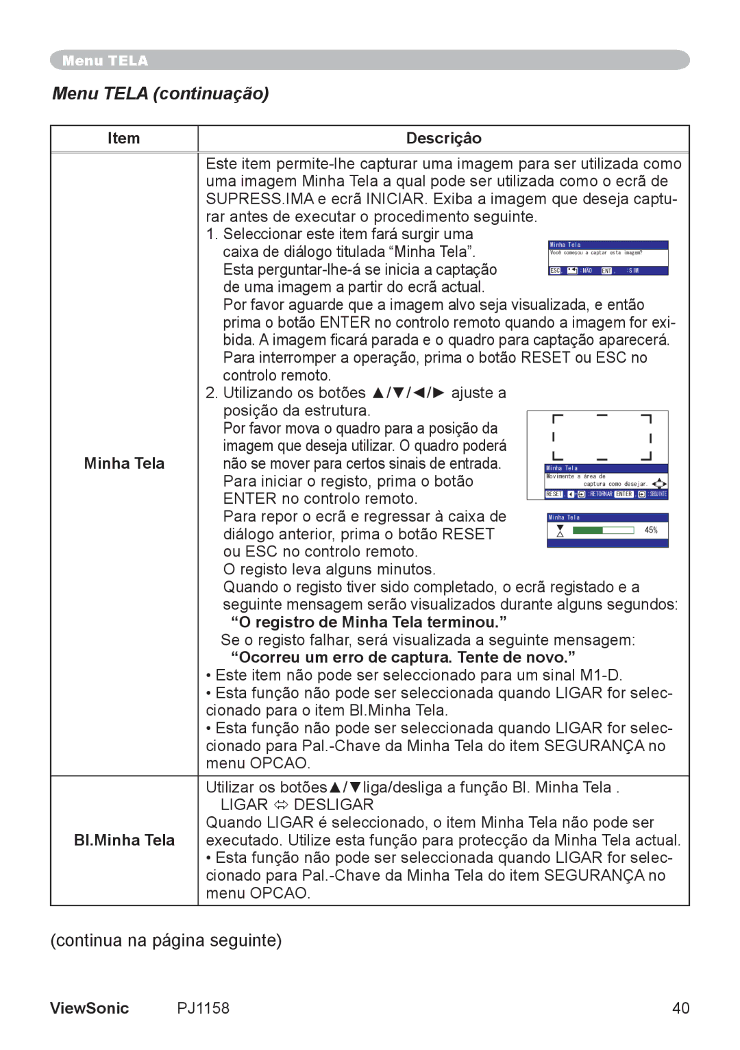 ViewSonic VS11459 manual Registro de Minha Tela terminou, Ocorreu um erro de captura. Tente de novo, Bl.Minha Tela 