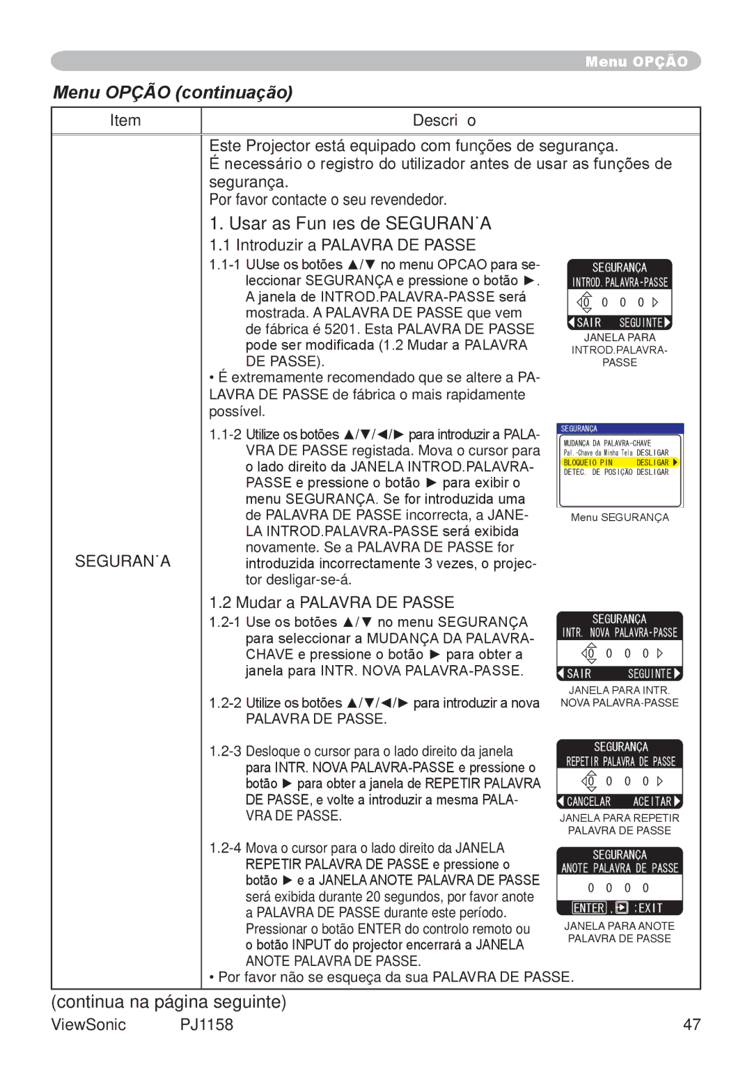 ViewSonic VS11459 manual Usar as Funções de Segurança, Introduzir a Palavra DE Passe, Mudar a Palavra DE Passe 