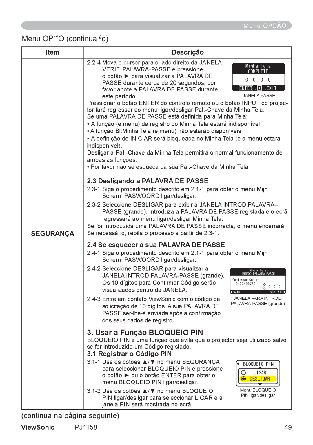 ViewSonic VS11459 manual Usar a Função Bloqueio PIN, Desligando a Palavra DE Passe, Registrar o Código PIN 